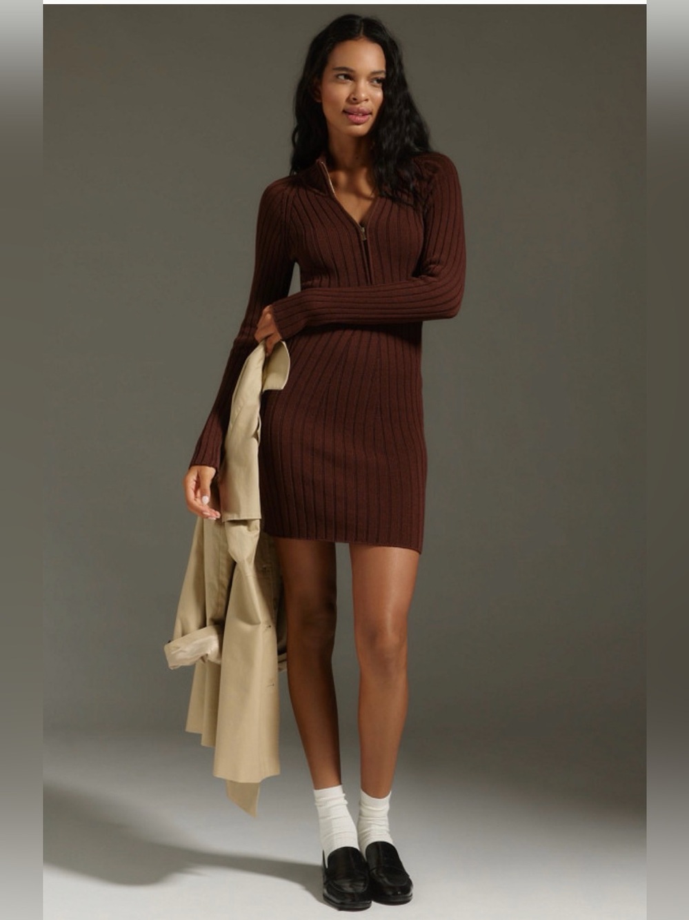 Anthropologie Zip-Front Fall Brown Sweater Dress - Brown
